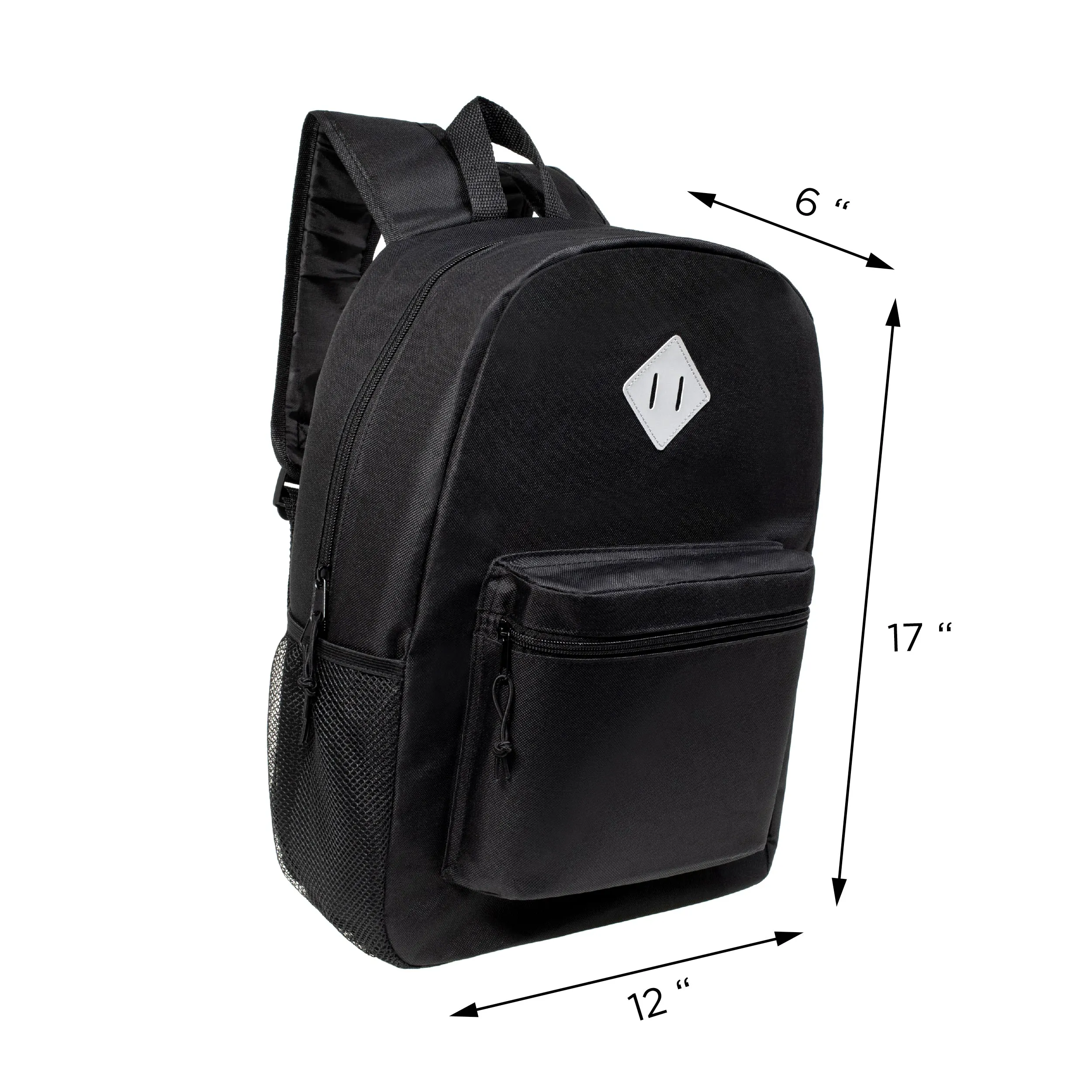 12 Black 17" Backpacks with a Diamond Patch & Side Pocket & 12 Bulk School Supply Kits of Your Choice