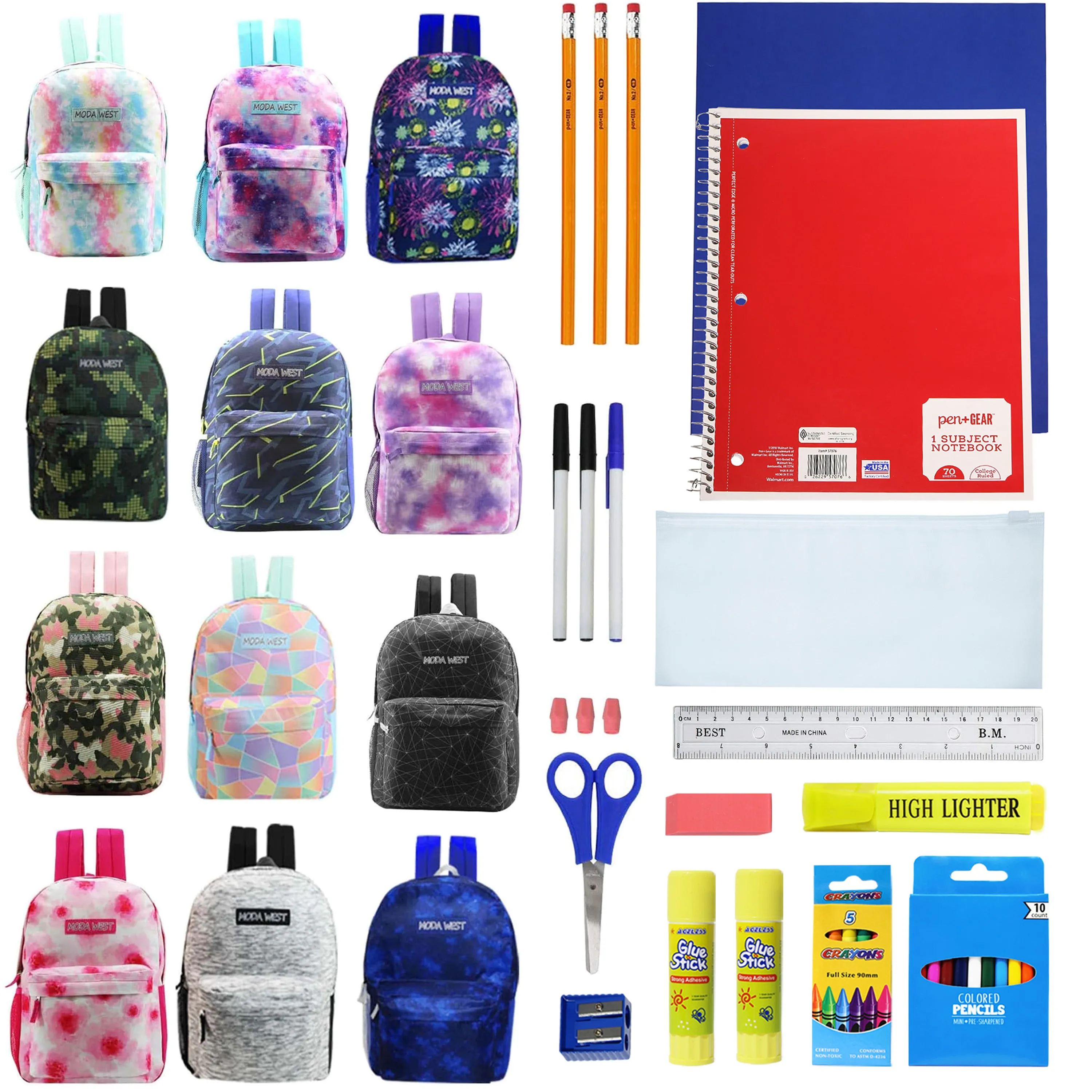 12 Wholesale Printed 17" Backpacks for Students and 12 Bulk School Supply Kits of Your Choice