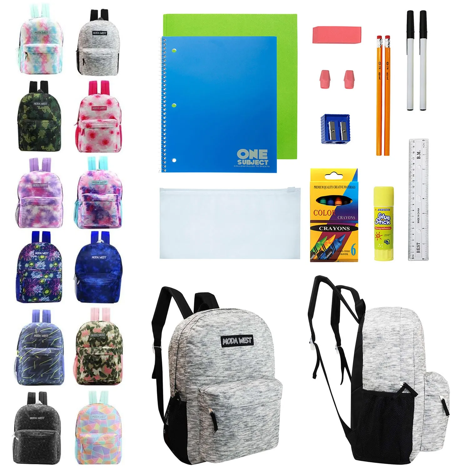 12 Wholesale Printed 17" Backpacks for Students and 12 Bulk School Supply Kits of Your Choice