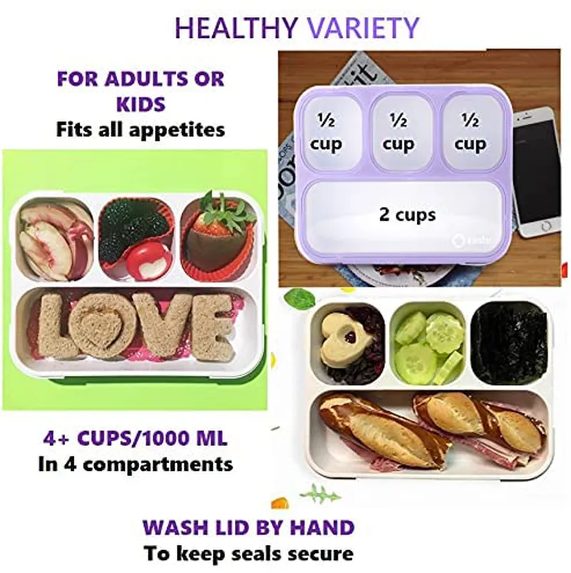 Bento Box for Kids Lunch-Boxes for Women Adults Girls Boys |Portion Snack Containers for Toddlers Pre-School Day Care Work Lunches BPA Free | 4 Compartments, Purple Green-Yellow, 2 pack