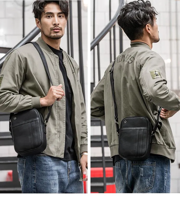 Black LEATHER MENS VERTICAL MINI SIDE BAG SMALL MESSENGER BAGS Black COURIER BAG FOR MEN