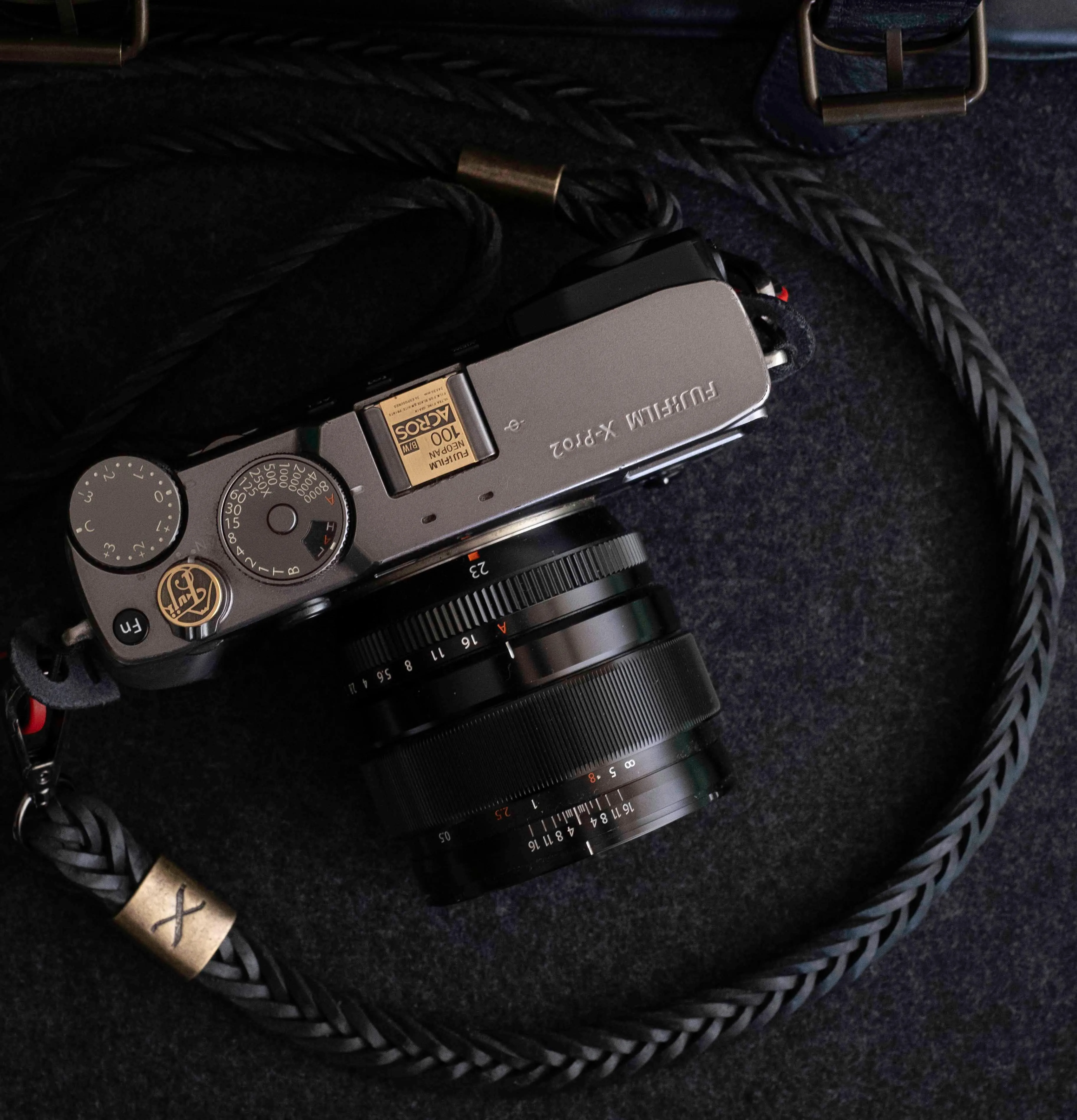 Bronze X  Flat Braided Leather Camera Strap  Black 15mm