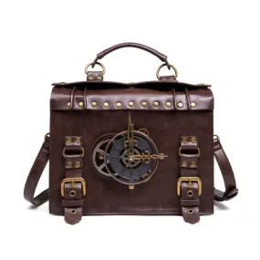 Brown Leather Steampunk Satchel with Clock Mechanism