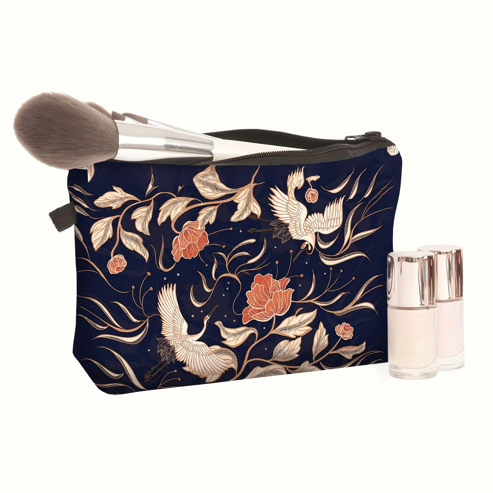 Chic Peony Crane Makeup Pouch Retro Lightweight Travel Bag