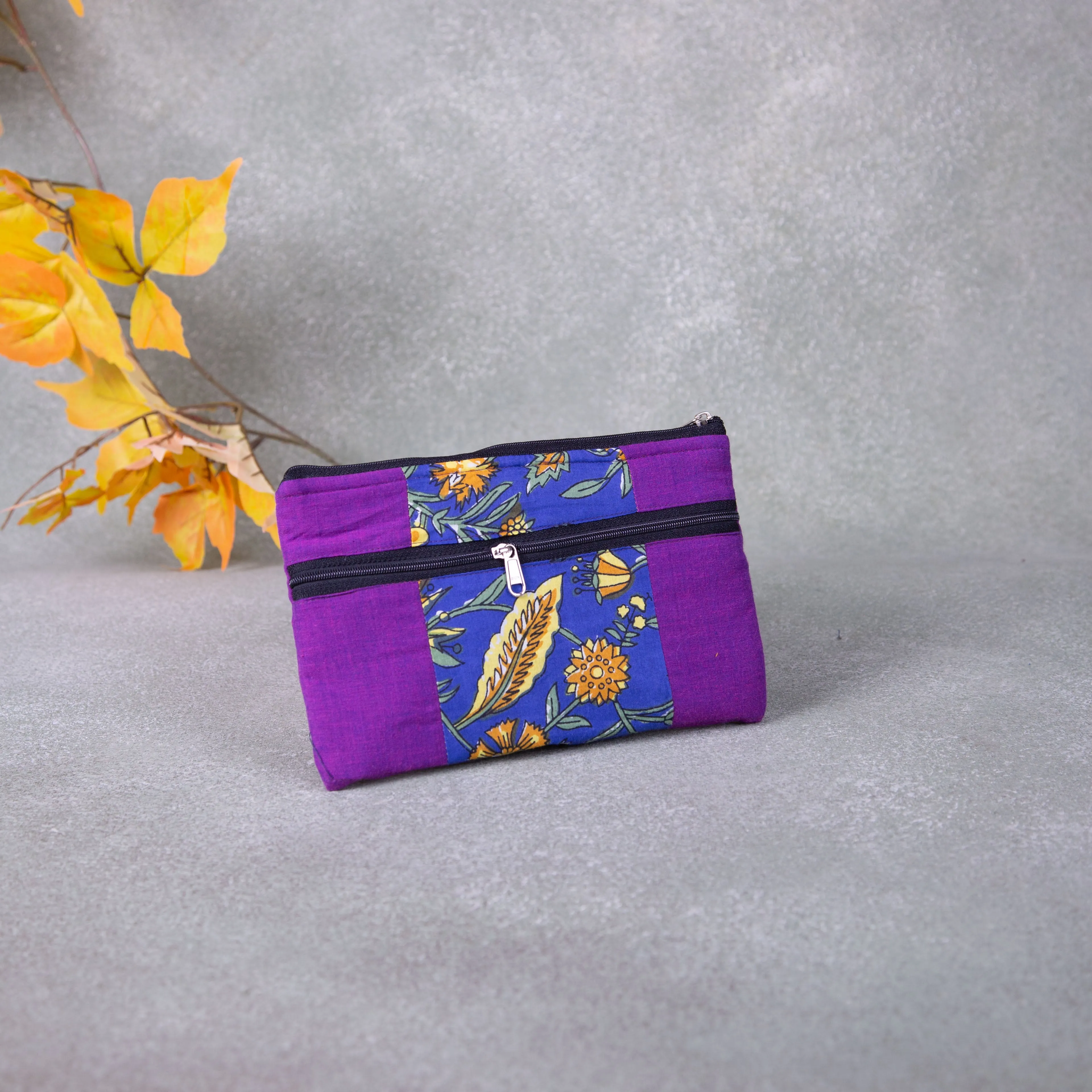 Cotton Multizip Purse Violet with yellow Leaf Prints.