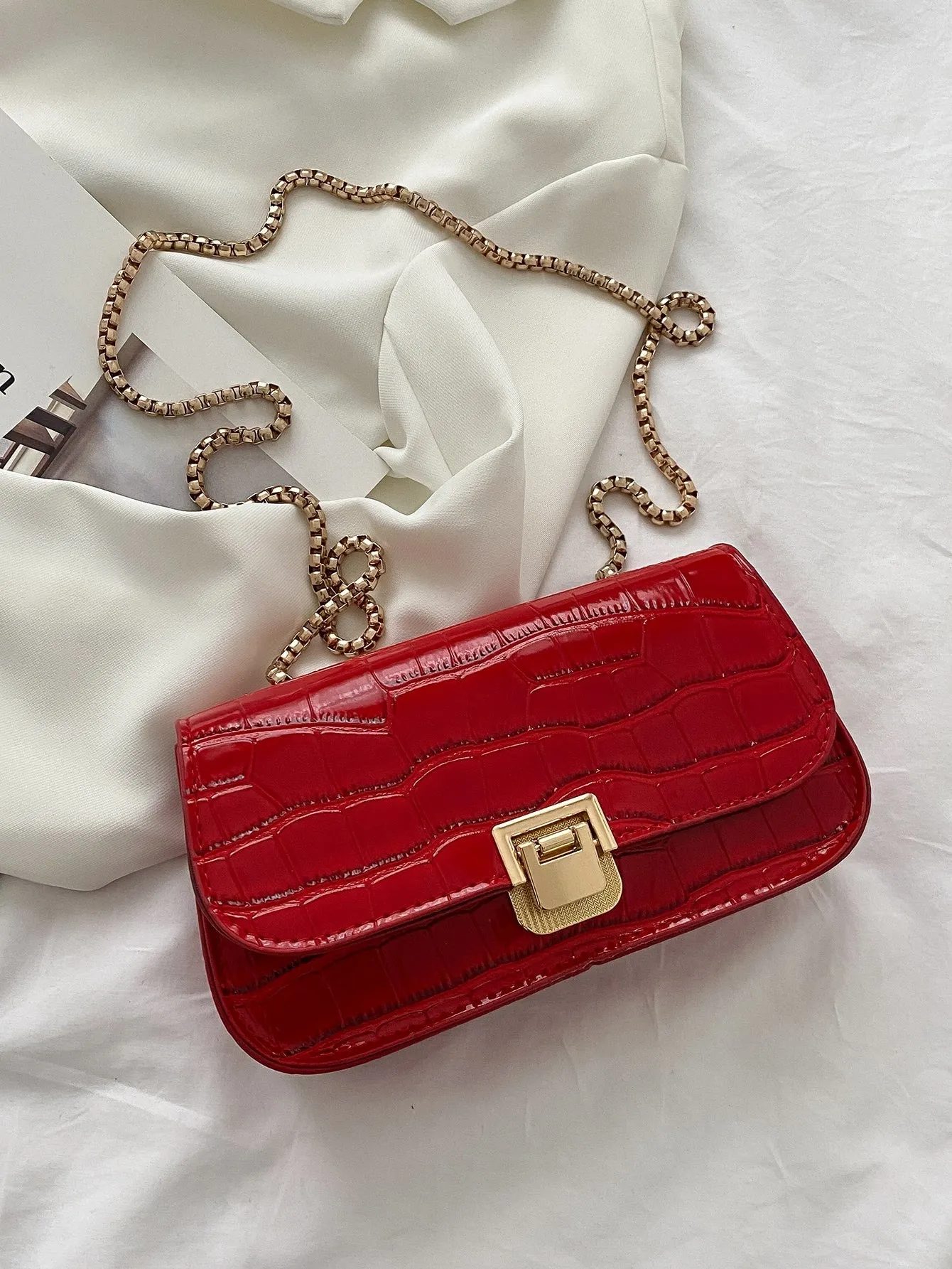 Croc Embossed Chain Baguette Bag