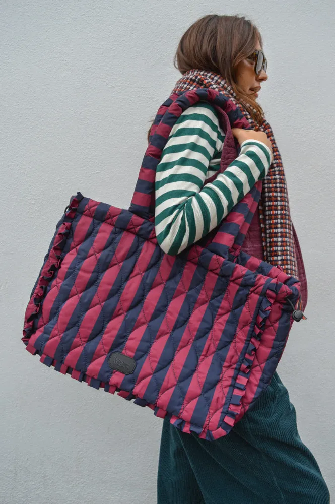 Damson Madder Frill Edge Ruched Navy / Burgundy Striped Tote Bag