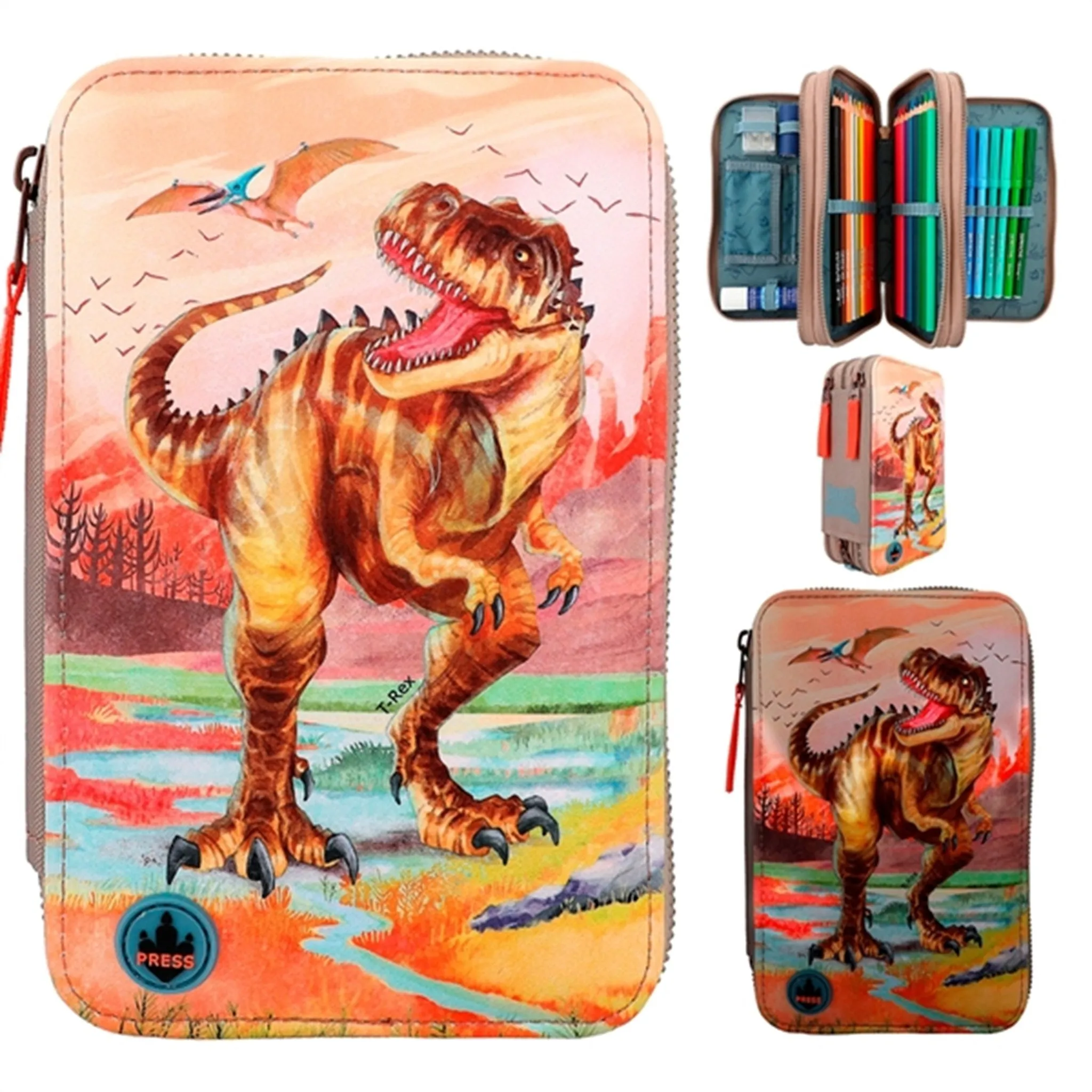 Dino World Triple Pencil Case LED Khaki Brown