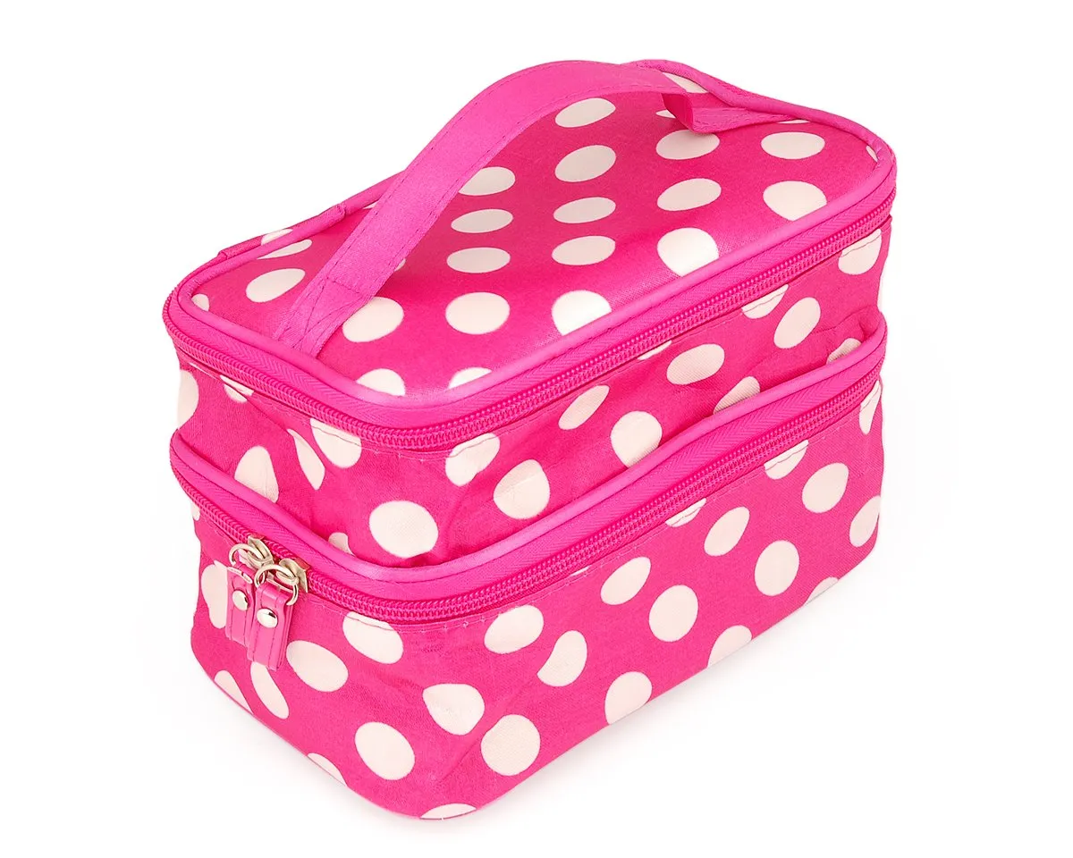 Double Layer Dots Pattern Makeup Bag with Mirror - Magenta