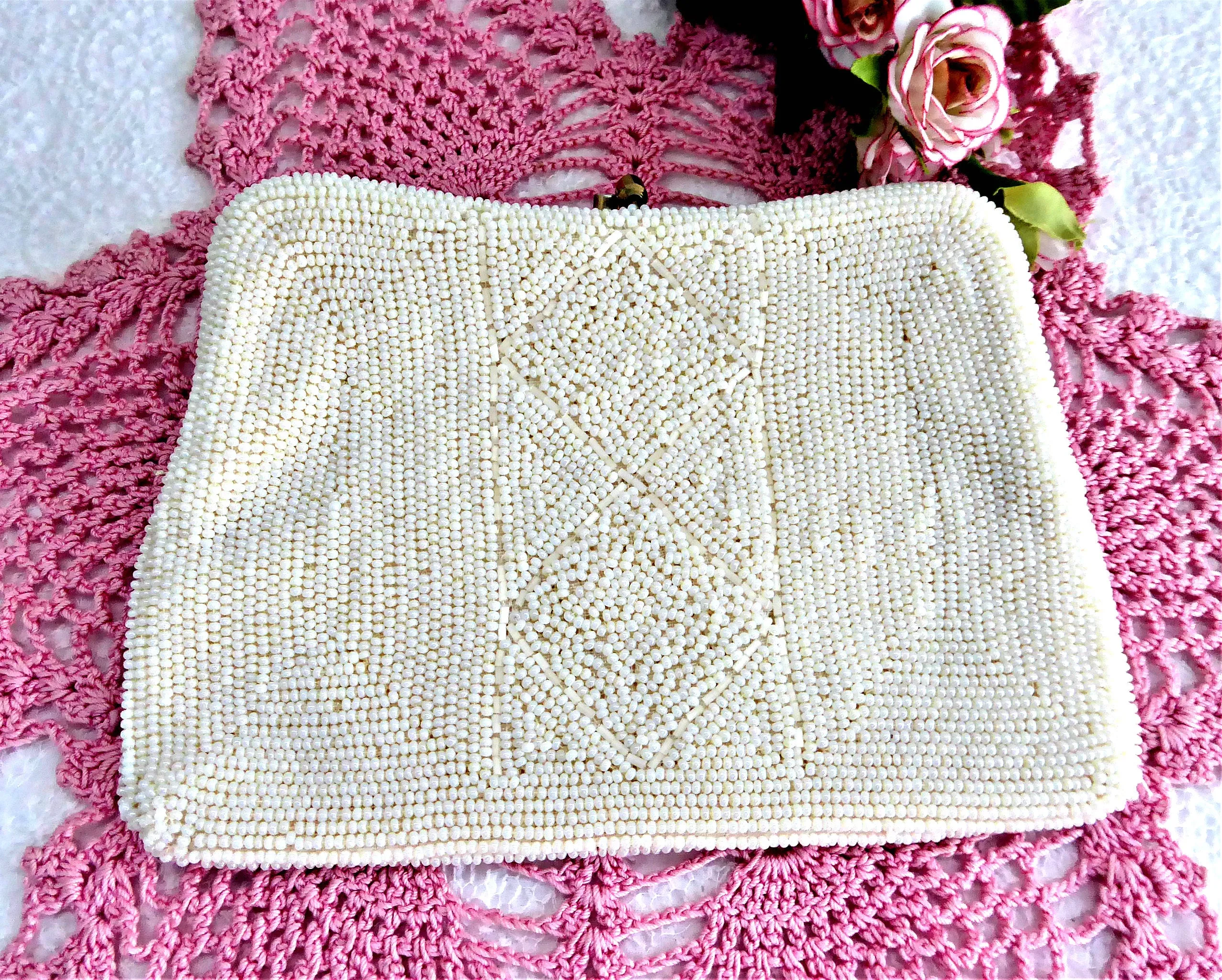 Elegant Pearl Seed Beaded Purse Retro 1950-1960s Hong Kong Convertible Tea Party