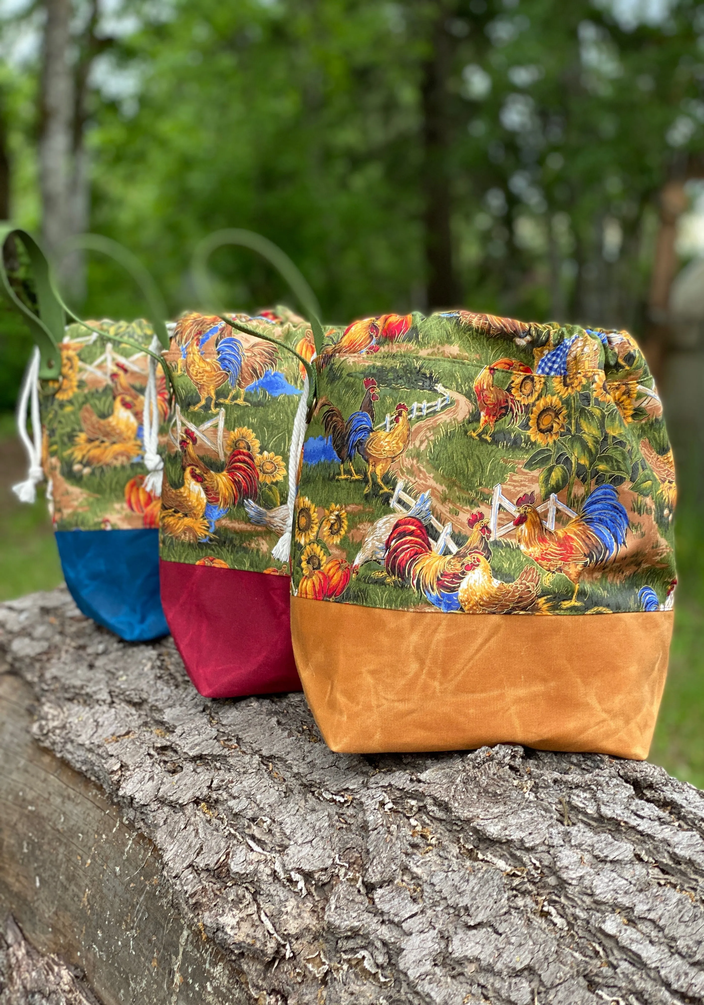 Fall Chickens Cotton Project Bag, Project Bag for Knitters, Waxed Canvas et Bag, Whimsical Project Bag