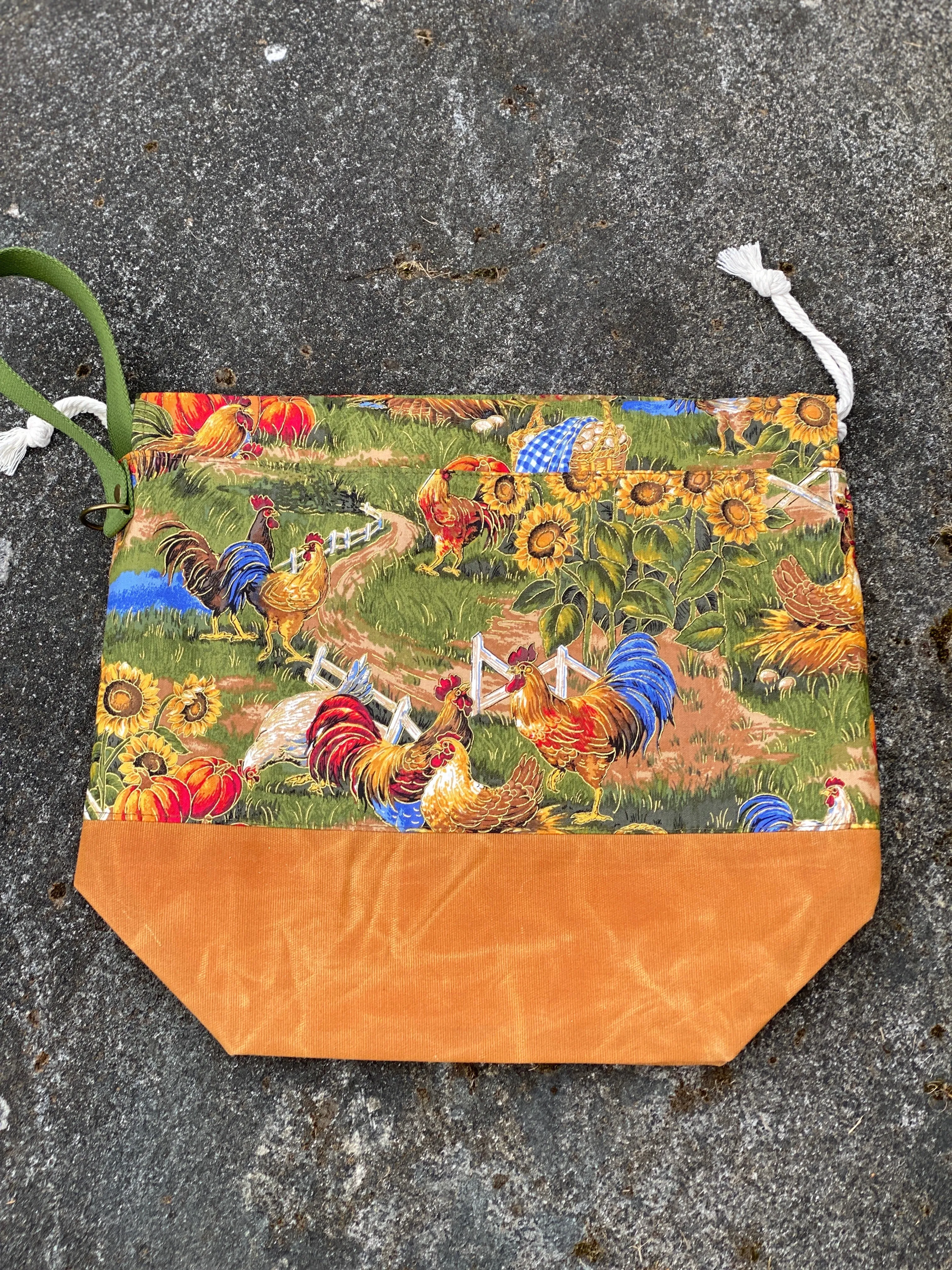 Fall Chickens Cotton Project Bag, Project Bag for Knitters, Waxed Canvas et Bag, Whimsical Project Bag