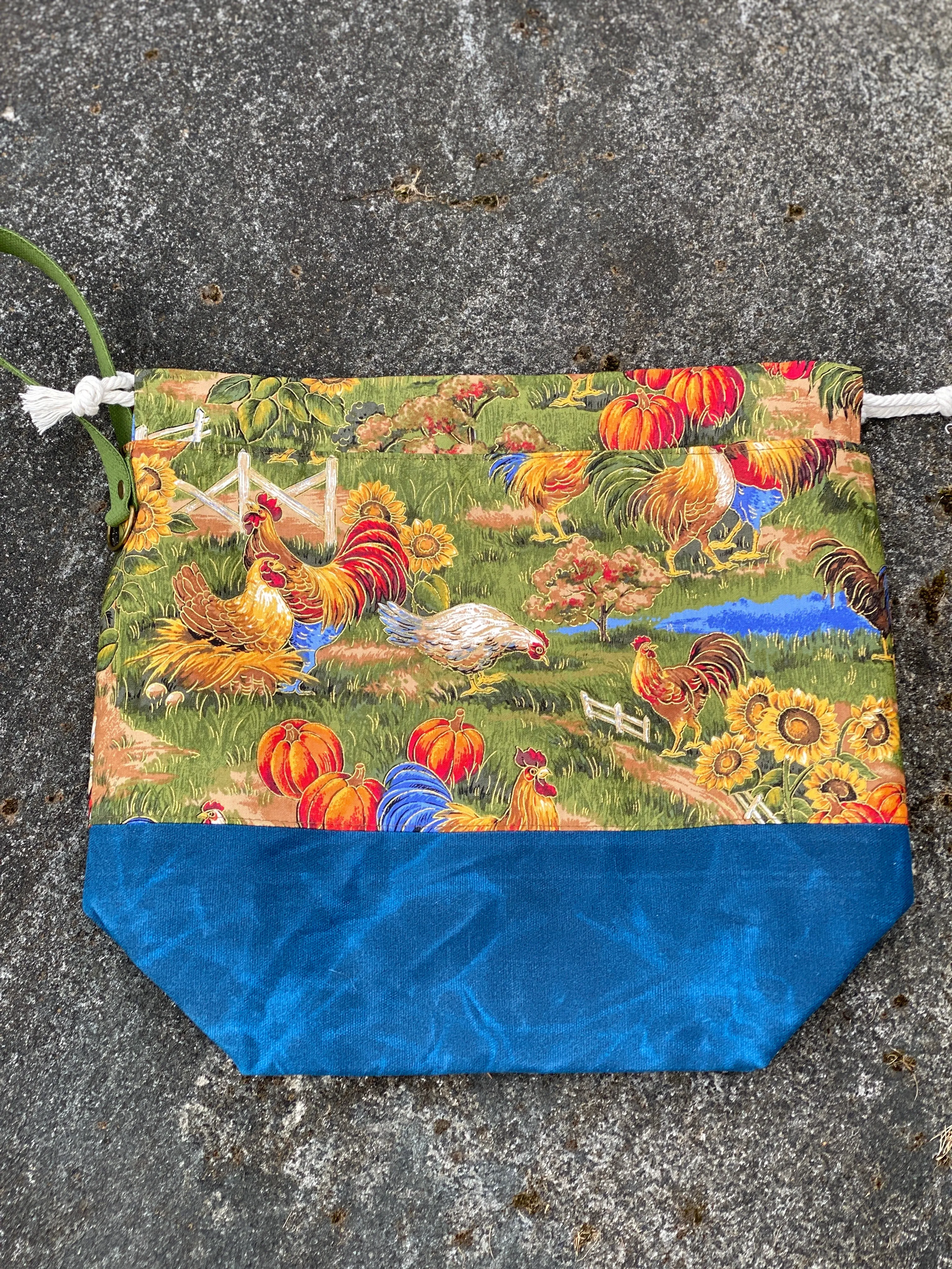 Fall Chickens Cotton Project Bag, Project Bag for Knitters, Waxed Canvas et Bag, Whimsical Project Bag