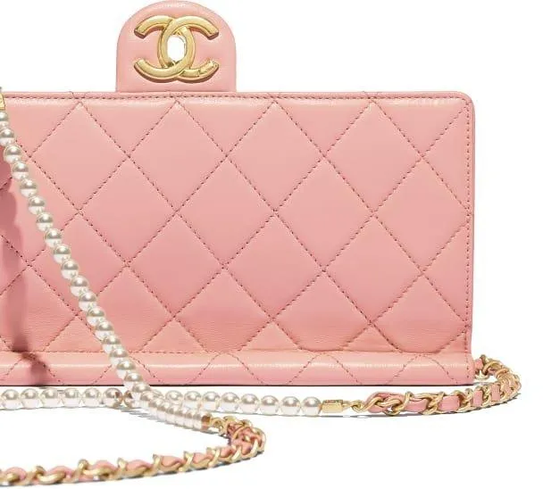 Flap Bag with Pearl Chain, Pink