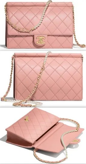 Flap Bag with Pearl Chain, Pink