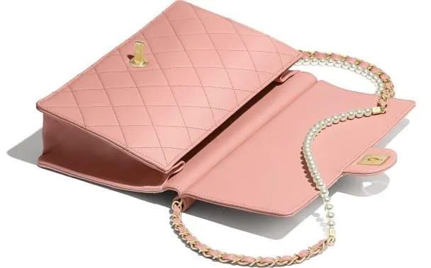 Flap Bag with Pearl Chain, Pink