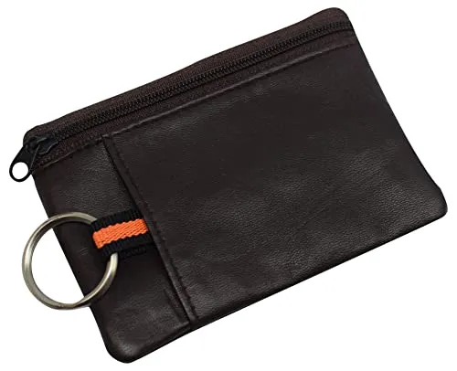 Genuine Leather Brown Zippered Change Purse Wallet with ID Window & Key Ring