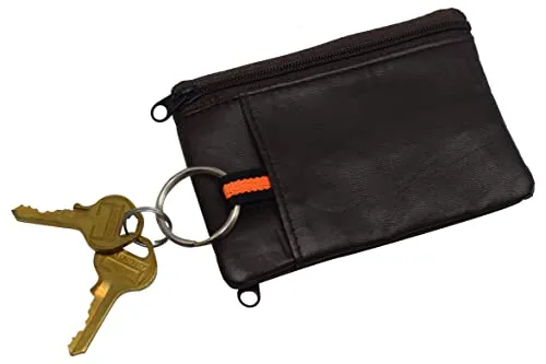 Genuine Leather Brown Zippered Change Purse Wallet with ID Window & Key Ring