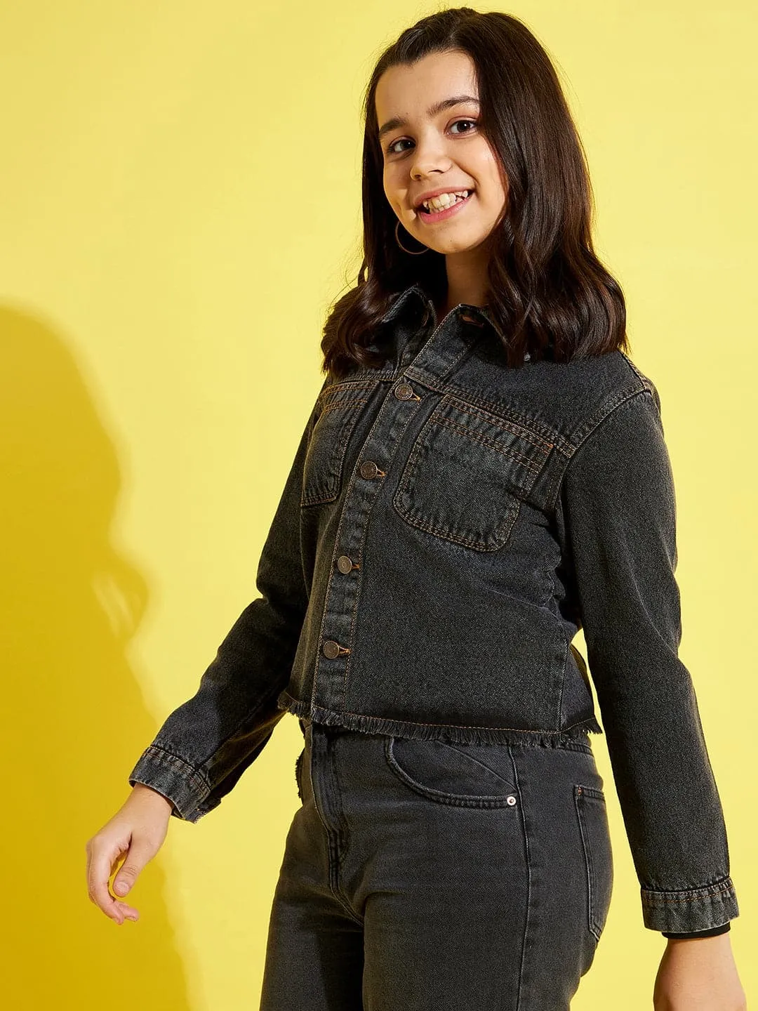 Girls Black Acid Wash Denim Raw Hem Jacket - Lyush Kids