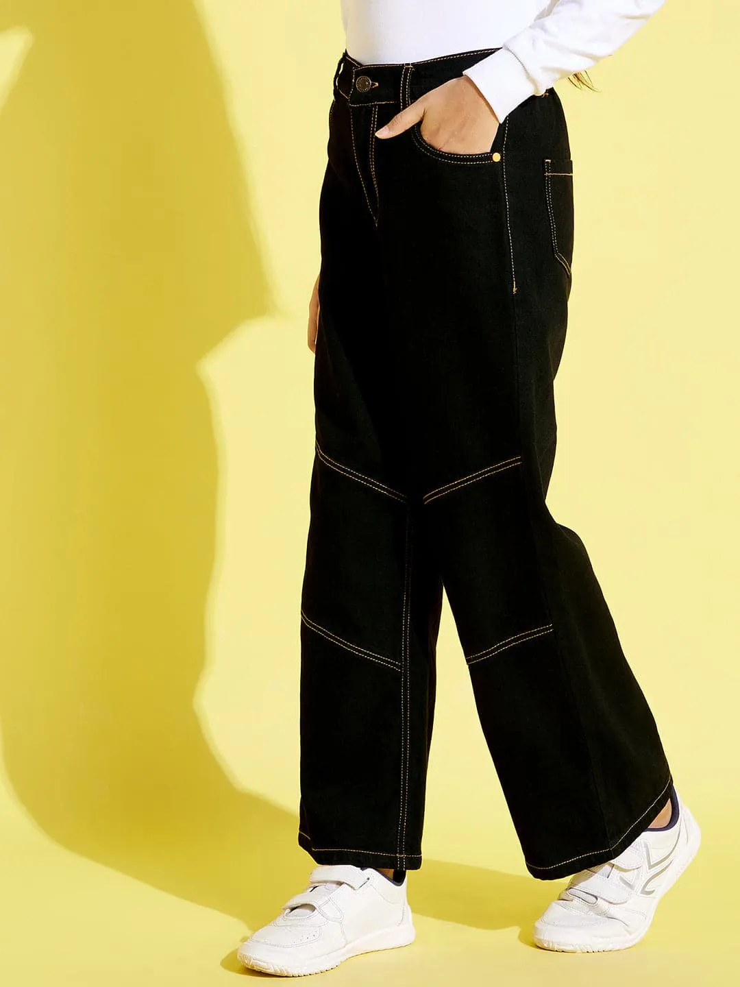 Girls Black Contrast Thread Straight Jeans - Lyush Kids