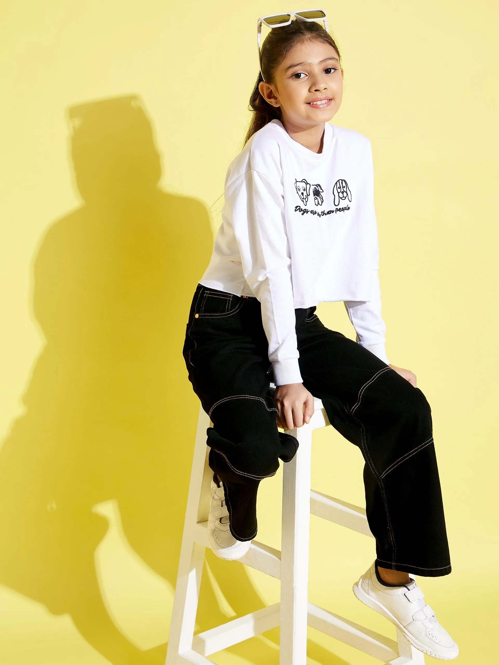 Girls Black Contrast Thread Straight Jeans - Lyush Kids
