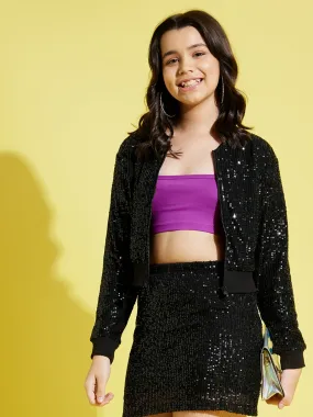 Girls Black Sequin Mesh Crop Jacket - Lyush Kids