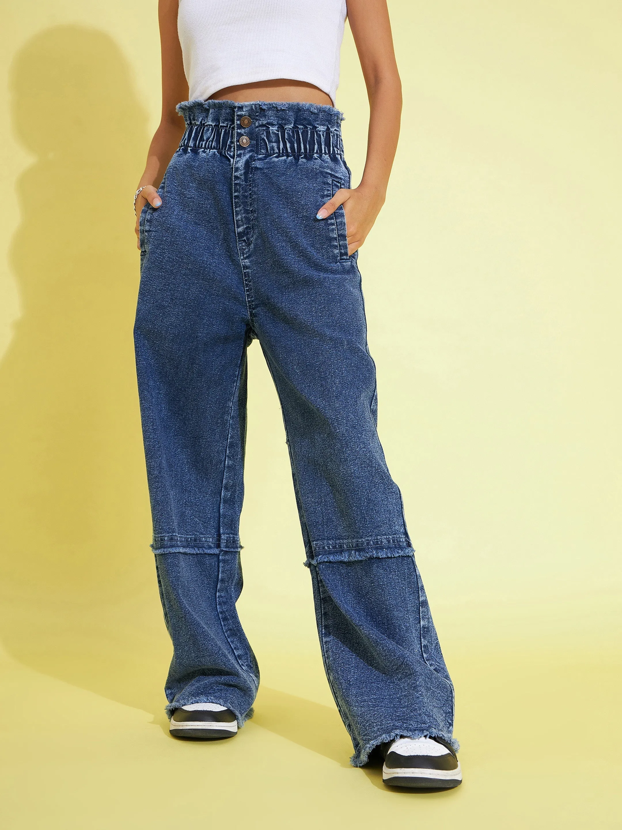 Girls Blue Acid Wash Paper Bag Waist Straight Jeans - Lyush Kids