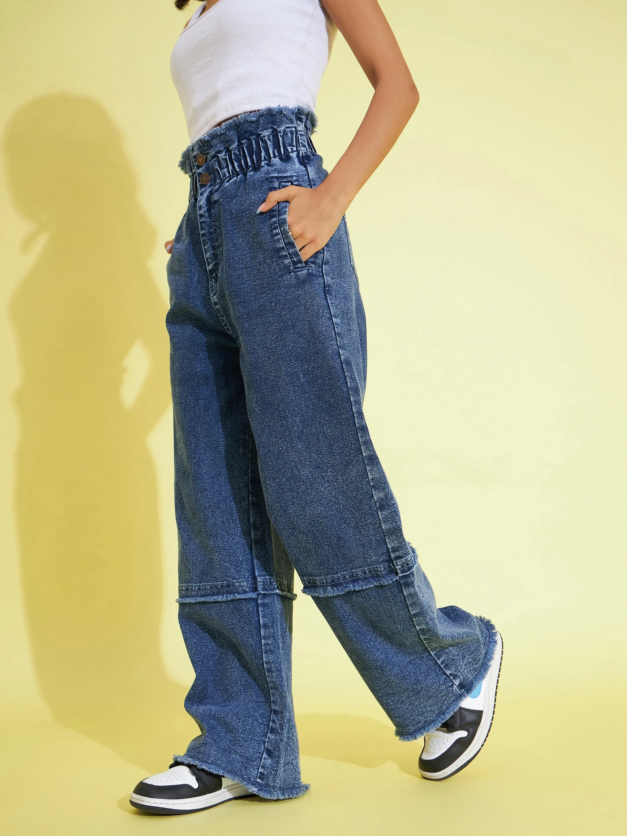 Girls Blue Acid Wash Paper Bag Waist Straight Jeans - Lyush Kids