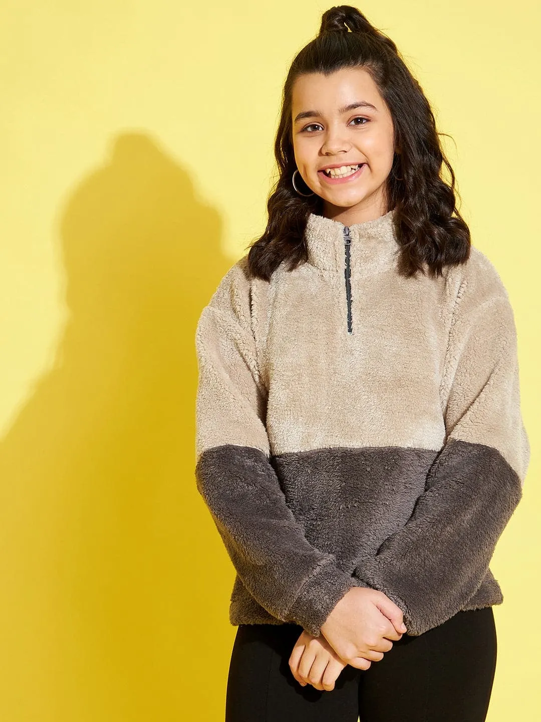 Girls Grey & Charcoal Colourblock Fur Sweatshirt - Lyush Kids