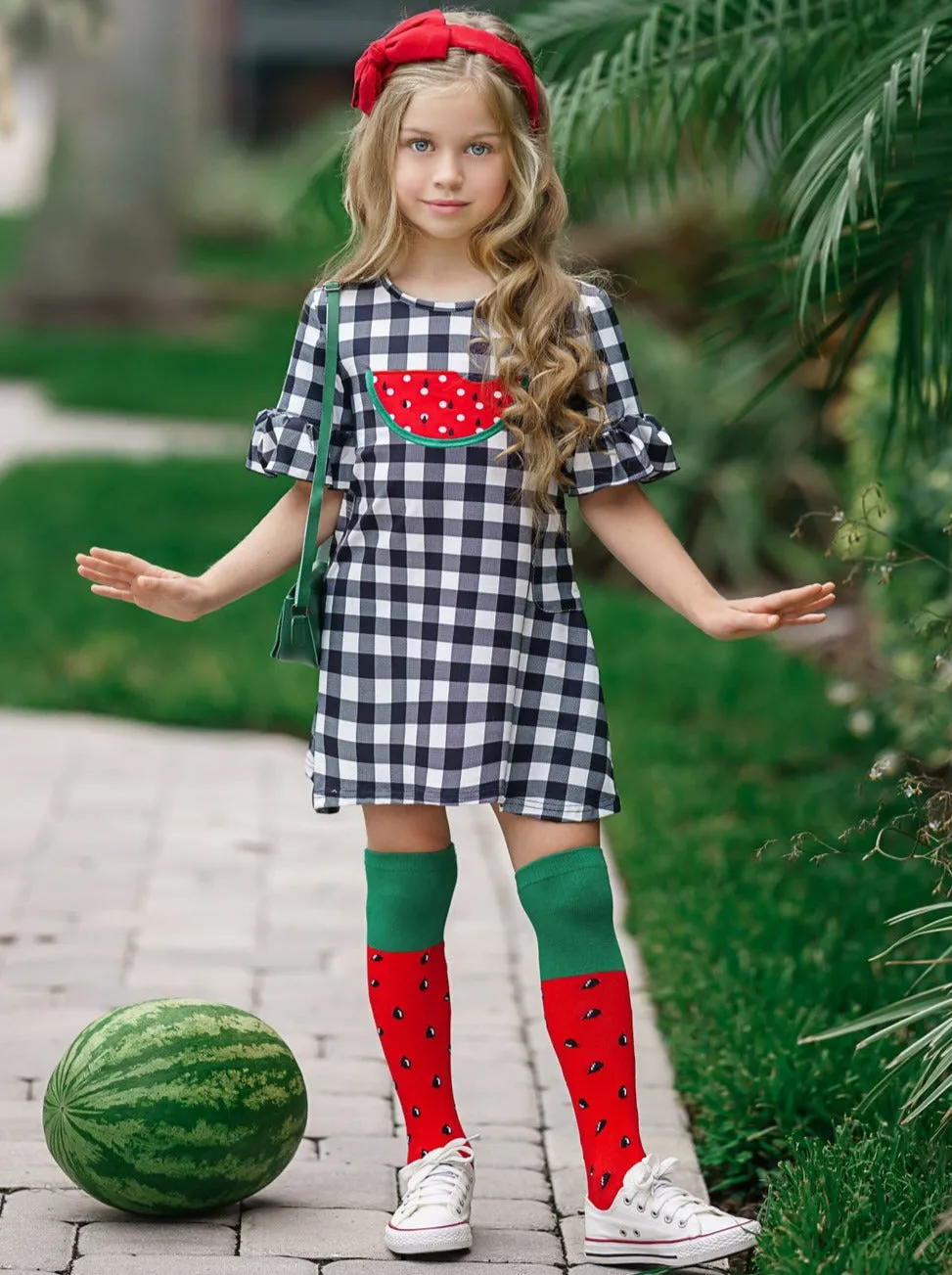 Girls Juice Watermelon Plaid Dress with Sock and Purse Set