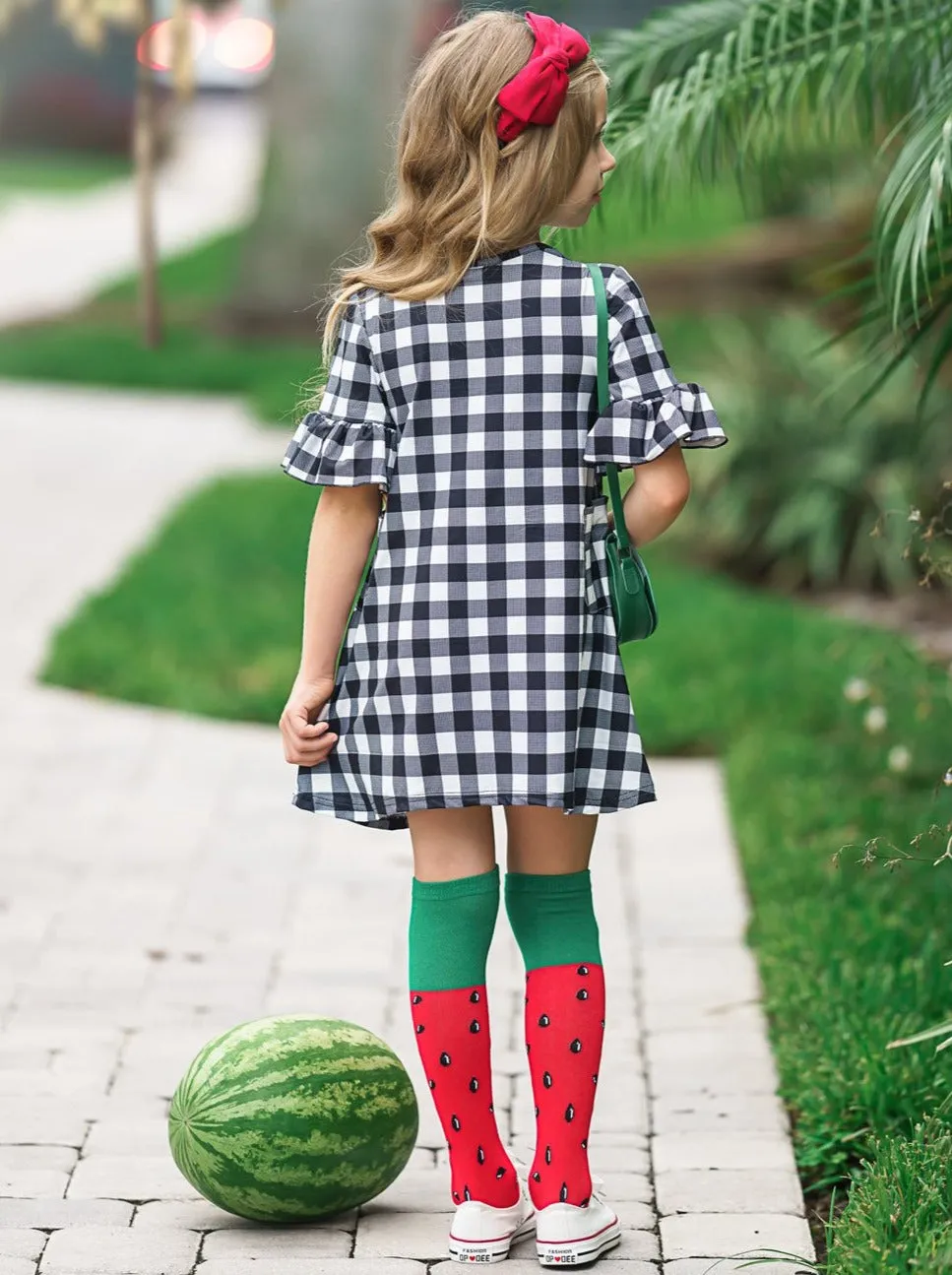 Girls Juice Watermelon Plaid Dress with Sock and Purse Set