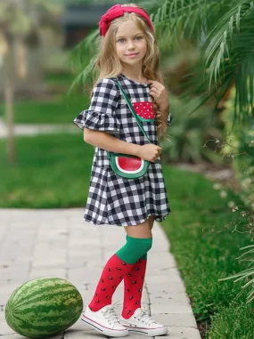 Girls Juice Watermelon Plaid Dress with Sock and Purse Set