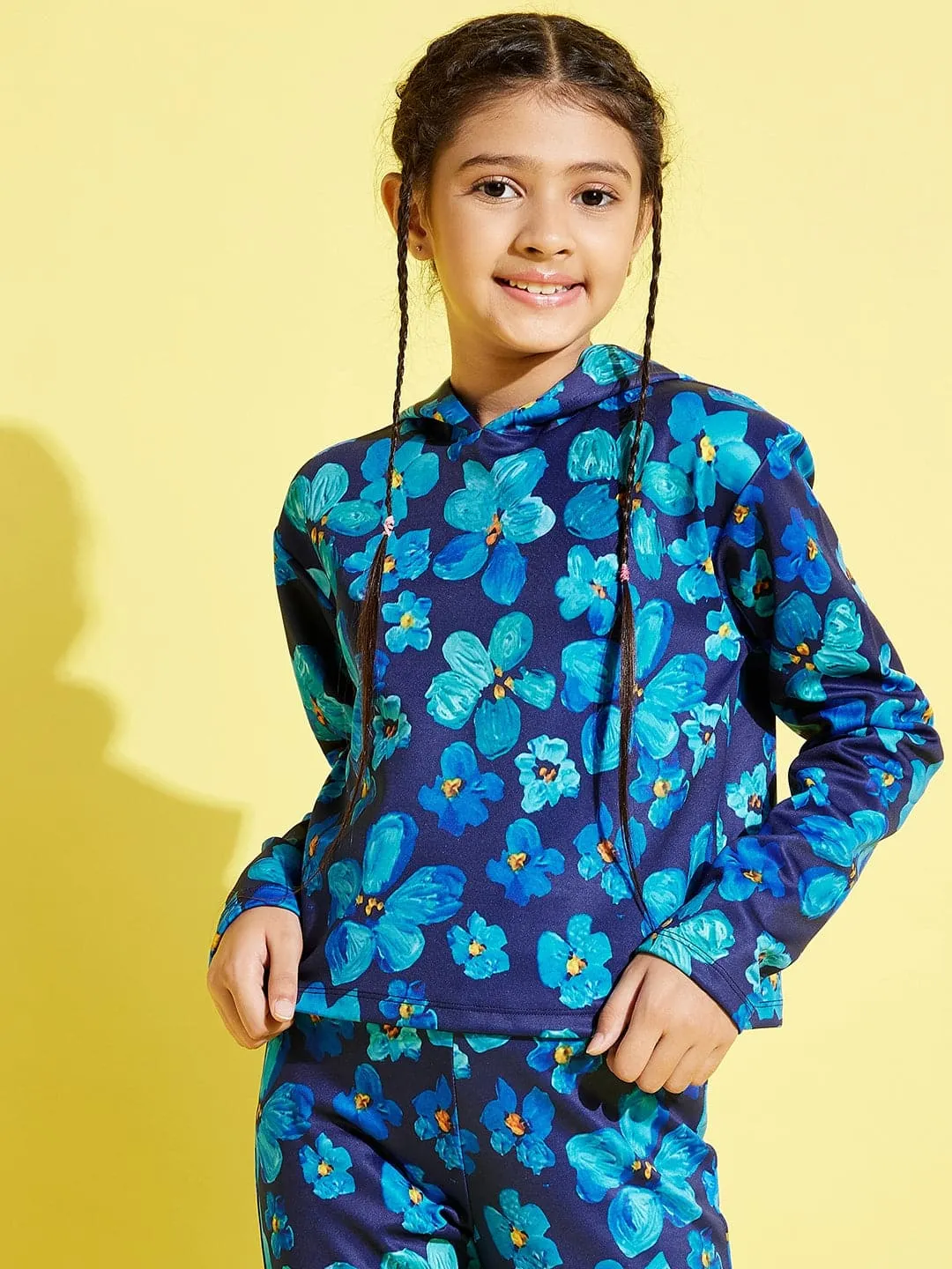 Girls Navy Floral Scuba Full Sleeve Crop Hoodie - Lyush Kids