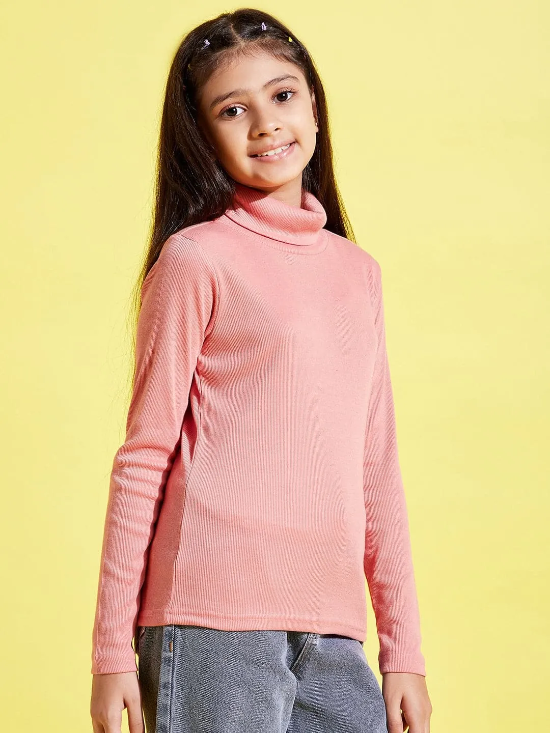 Girls Peach Full Sleeve High Neck Rib Top - Lyush Kids