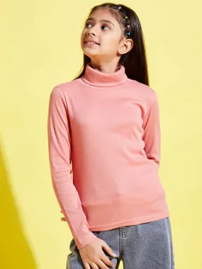 Girls Peach Full Sleeve High Neck Rib Top - Lyush Kids