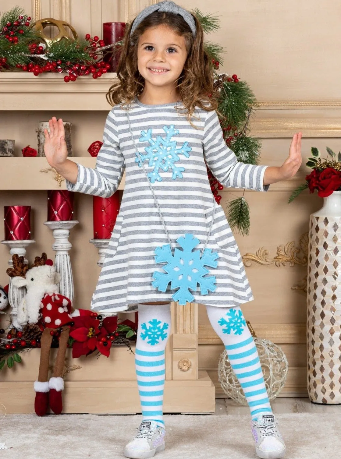 Girls "Snowflake" Striped Print Dress, Purse and Socks Set