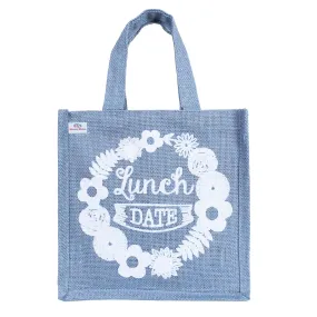 Heart Home Lunch Bag|Reusable Jute Fabric Tote Bag|Lunch Date Print Tiffin Carry Hand Bag with Handle for Office,School,Gift (Gray)