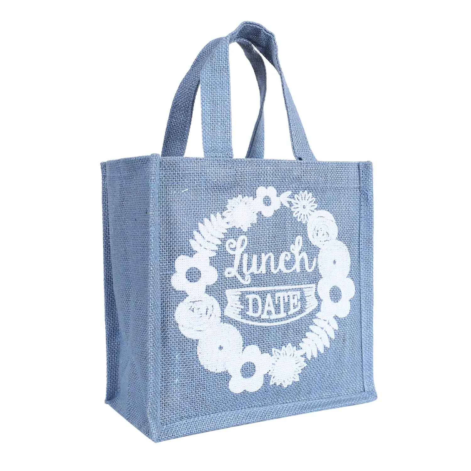 Heart Home Lunch Bag|Reusable Jute Fabric Tote Bag|Lunch Date Print Tiffin Carry Hand Bag with Handle for Office,School,Gift (Gray)