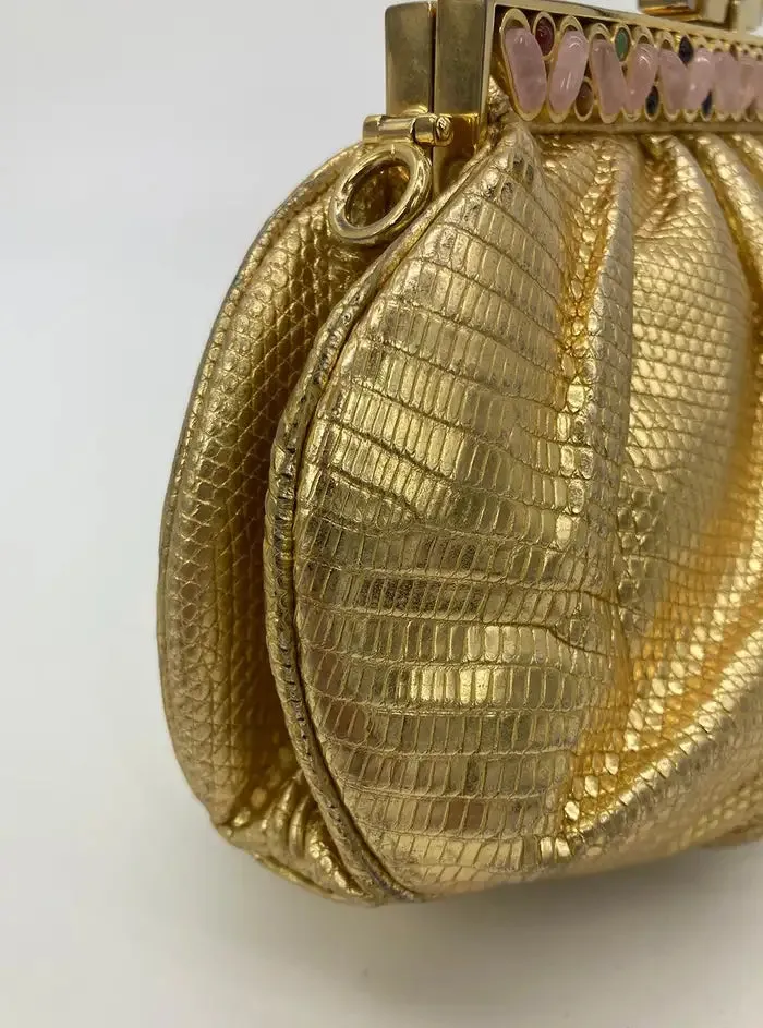 Judith Leiber Gold Lizard Gemstone Top Clutch