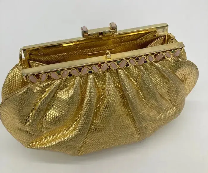 Judith Leiber Gold Lizard Gemstone Top Clutch