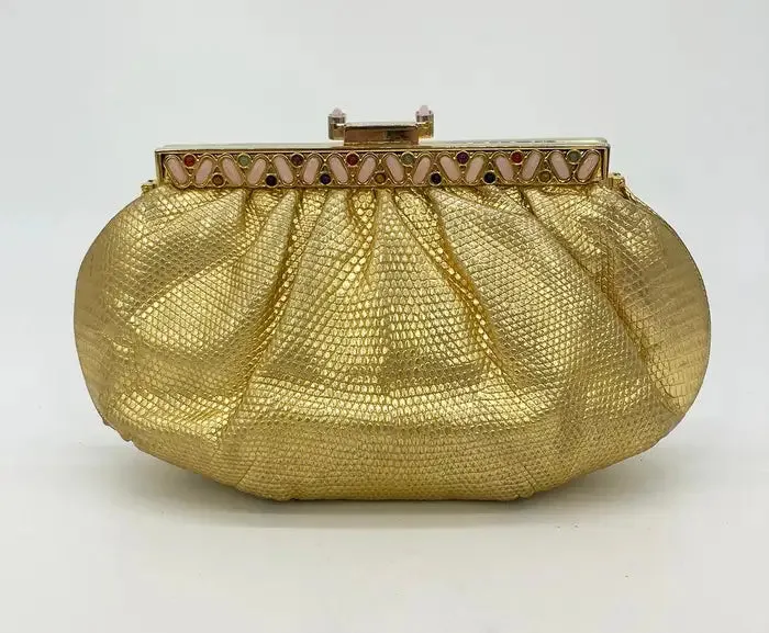 Judith Leiber Gold Lizard Gemstone Top Clutch