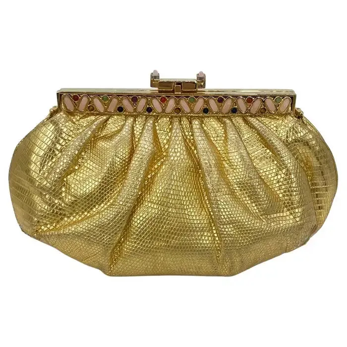 Judith Leiber Gold Lizard Gemstone Top Clutch