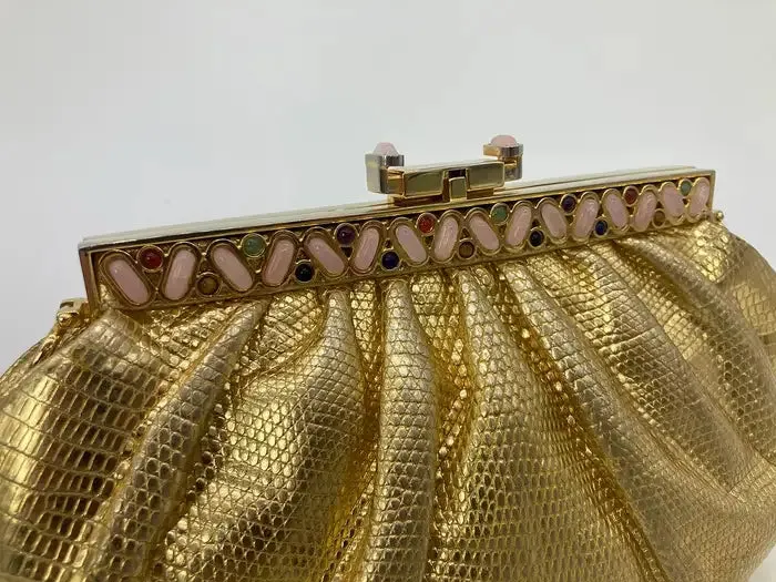 Judith Leiber Gold Lizard Gemstone Top Clutch