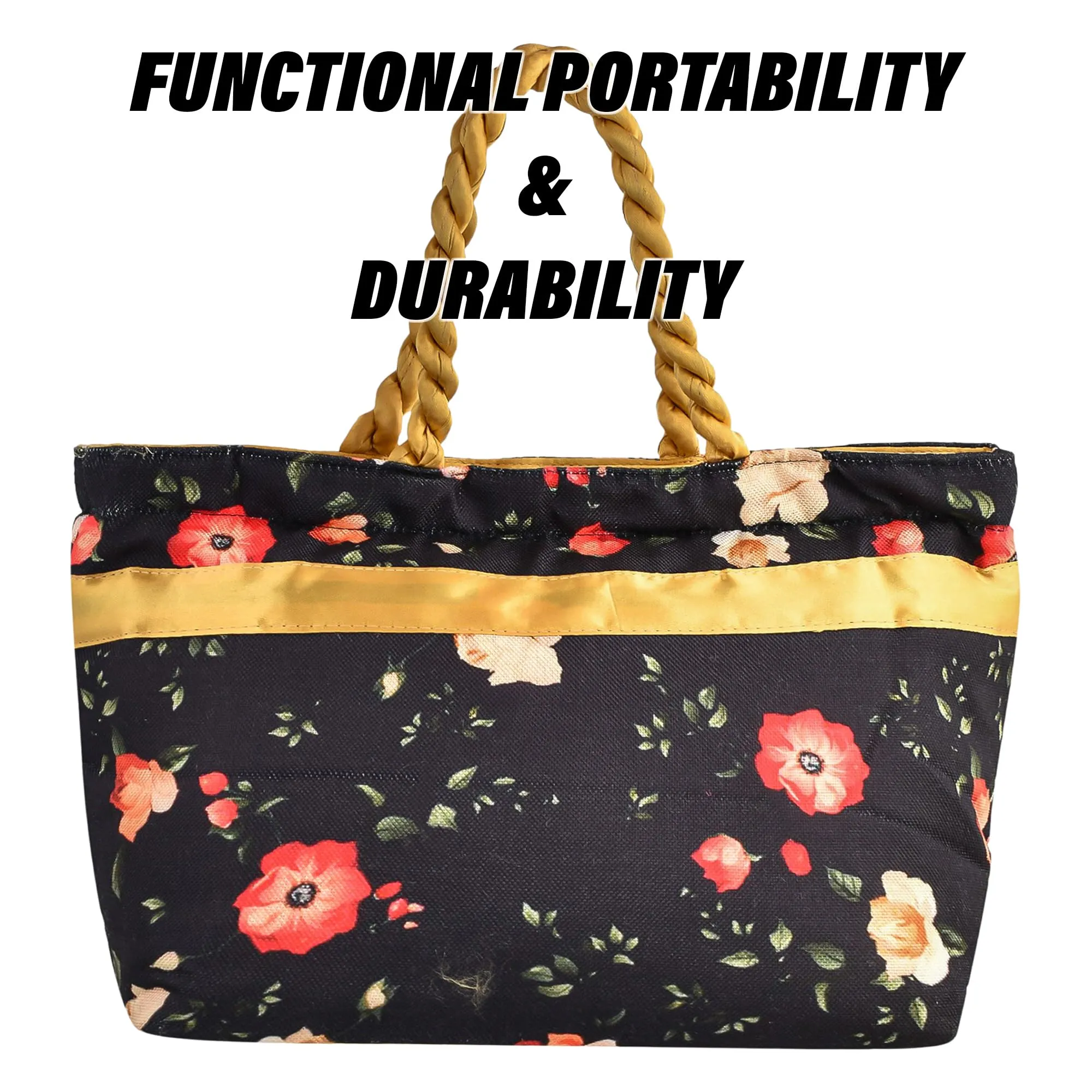 Kuber Industries Hand Purse | Polyester Hand Bag | Woman Shoulder Bag | Top Handle Handbag | Gifting Hand Purse | Ladies Tote Purse | Bow Flower Printed Handbag | Blue