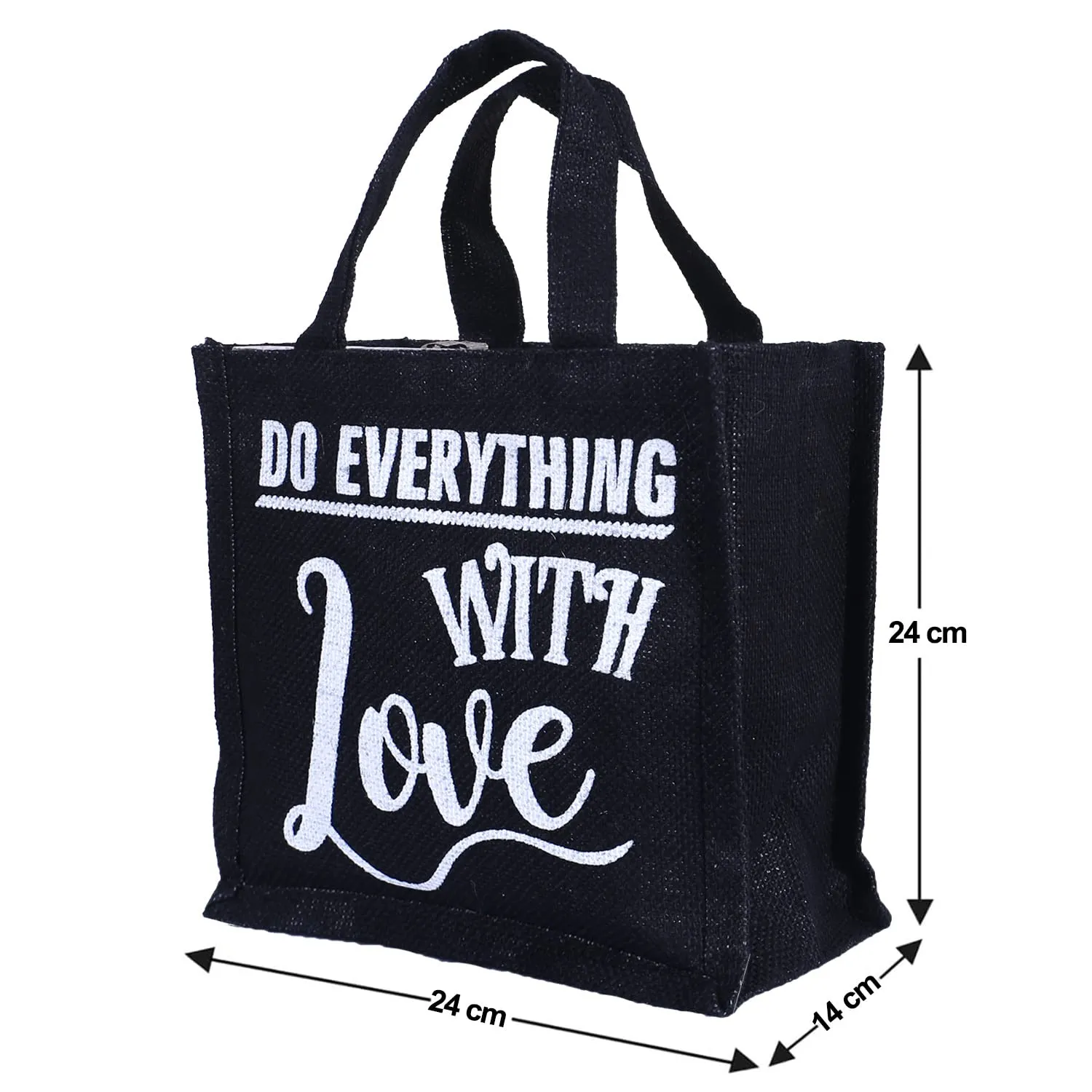 Kuber Industries Lunch Bag|Reusable Jute Fabric Tote Bag|Do Everything with Love Print Tiffin Carry Hand Bag with Handle for Office,School,Gift (Black)