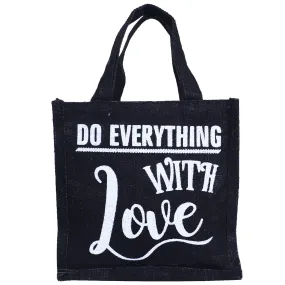 Kuber Industries Lunch Bag|Reusable Jute Fabric Tote Bag|Do Everything with Love Print Tiffin Carry Hand Bag with Handle for Office,School,Gift (Black)