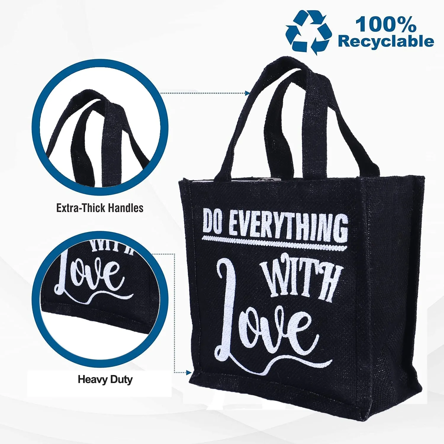 Kuber Industries Lunch Bag|Reusable Jute Fabric Tote Bag|Do Everything with Love Print Tiffin Carry Hand Bag with Handle for Office,School,Gift (Black)