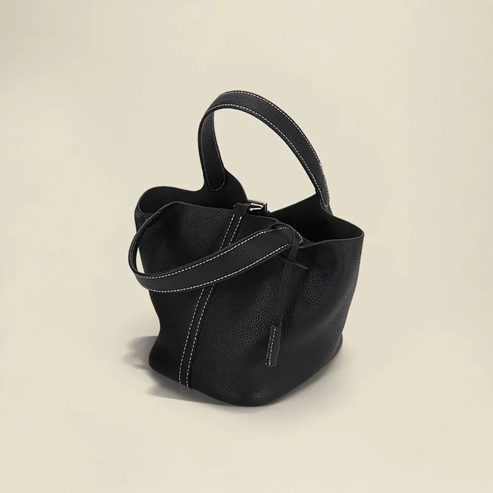 Leather Bucket Top Handle Bag Karki And Black