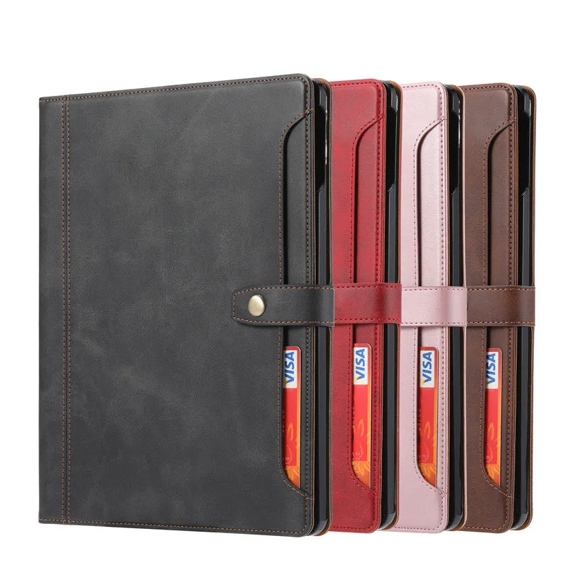 Leather Business Folio Tablet Case with Built-in Pencil Holder Auto Wake Sleep For iPad