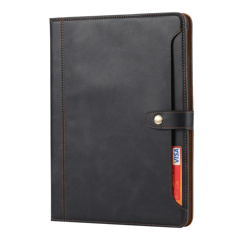 Leather Business Folio Tablet Case with Built-in Pencil Holder Auto Wake Sleep For iPad